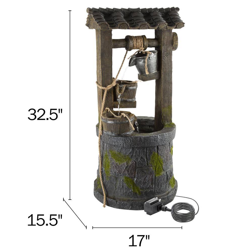 Earth Worth Wishing Well Outdoor Water Fountain- 32.5 in. Soothing Waterfall 4 Tiers With Buckets, Covered Roof, and Electric Pump