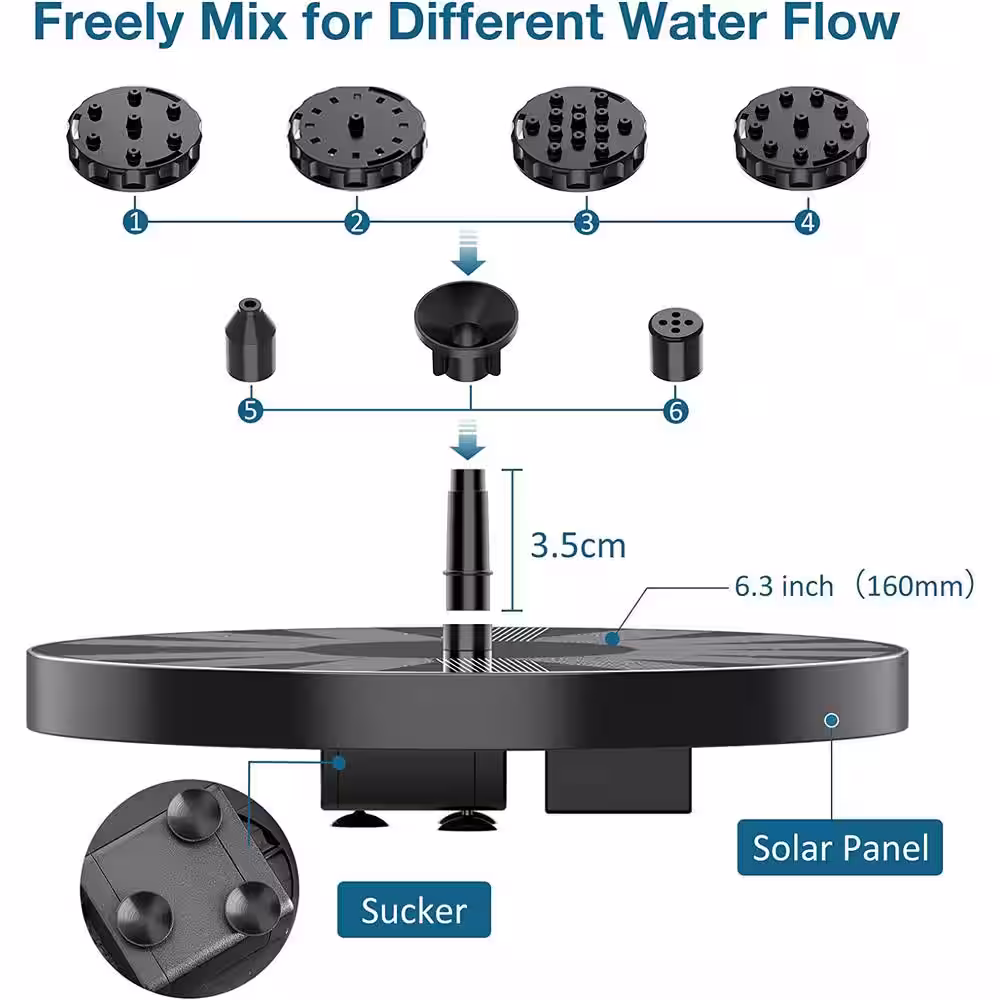 None 2.5-Watt Solar Bird Bath Fountain Pump, Solar Fountain Pump for Bird Bath with 6 Nozzles, (2-Pack)