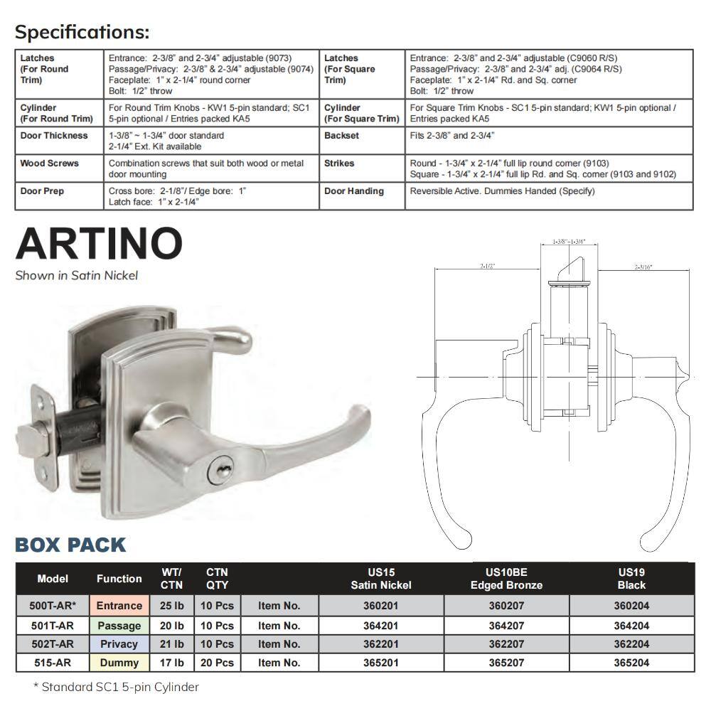 DELANEY HARDWARE Italian Collection Artino Black Bed/Bath Door Handle