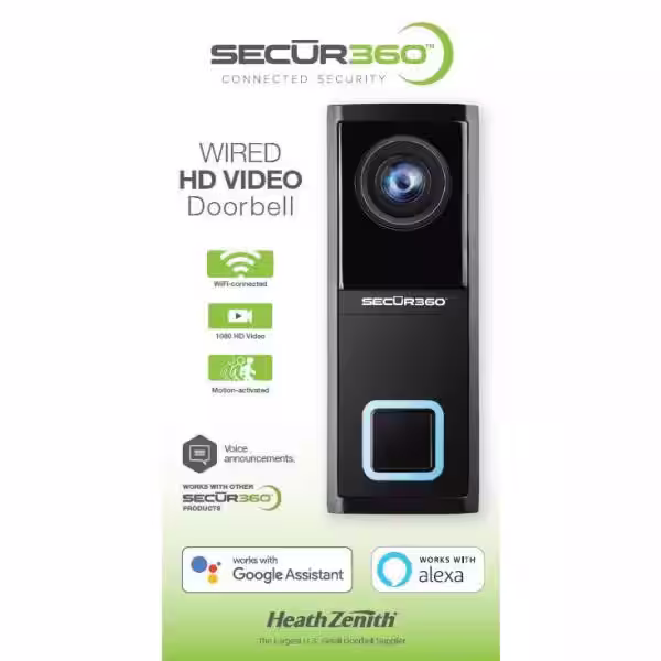 SECUR360 Wired Smart Video Doorbell with Camera and 2-Way Communication, Black