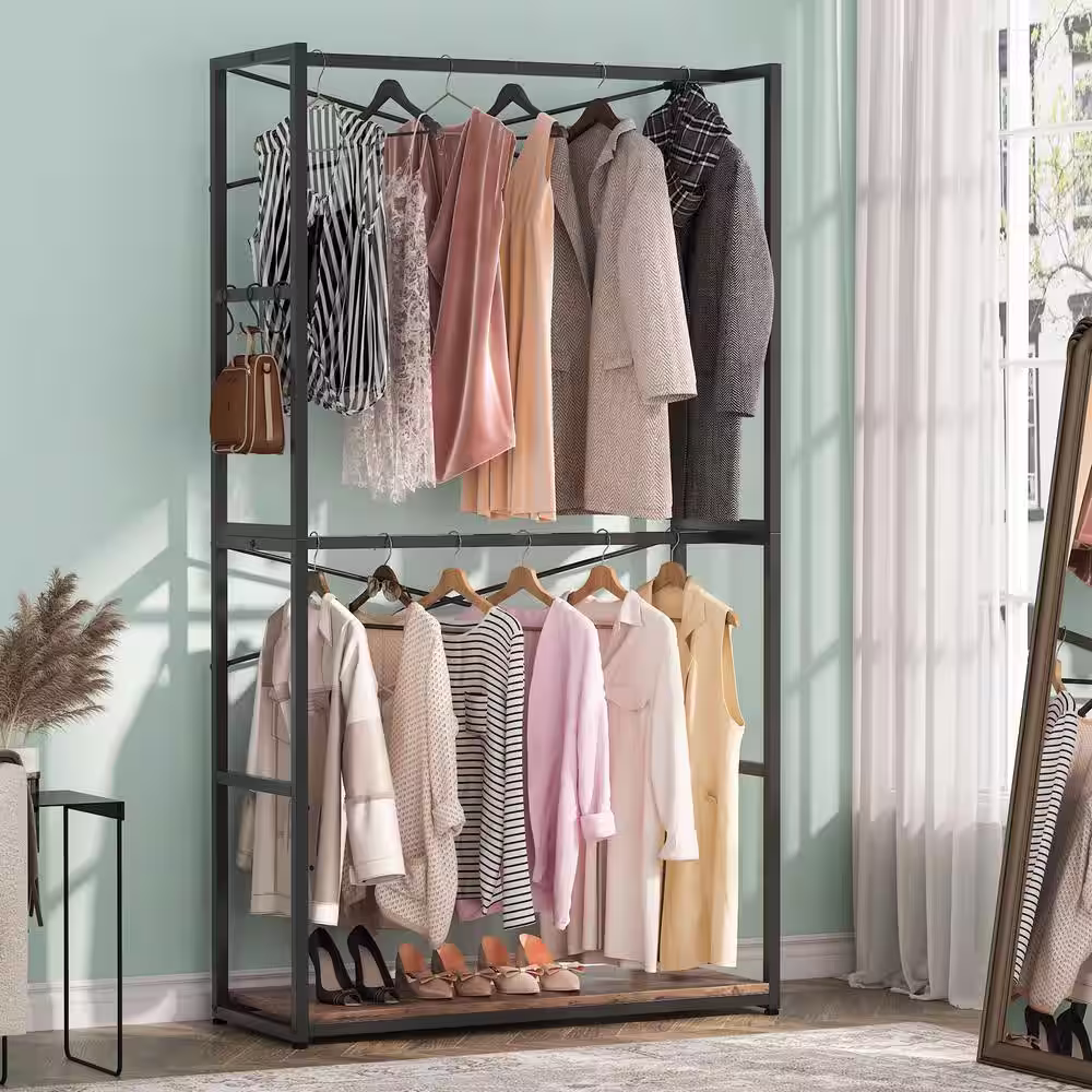 None 78 in. Brown Free-standing Industrial Clothes Rack Freestanding Closet Organizer Storage with Double Rods