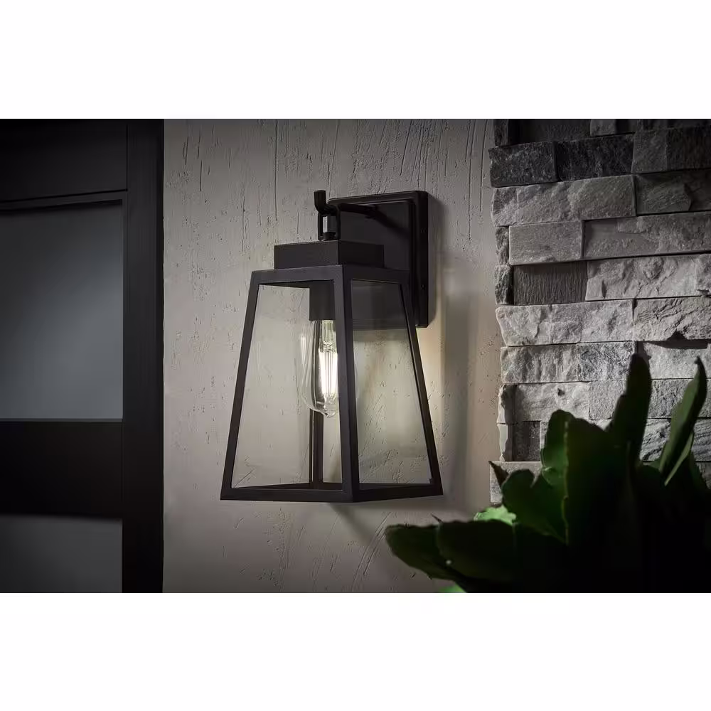 Hampton Bay Corbin Medium 13 in. Modern 1-Light Black Hardwired Outdoor Tapered Wall Lantern Sconce with Clear Glass