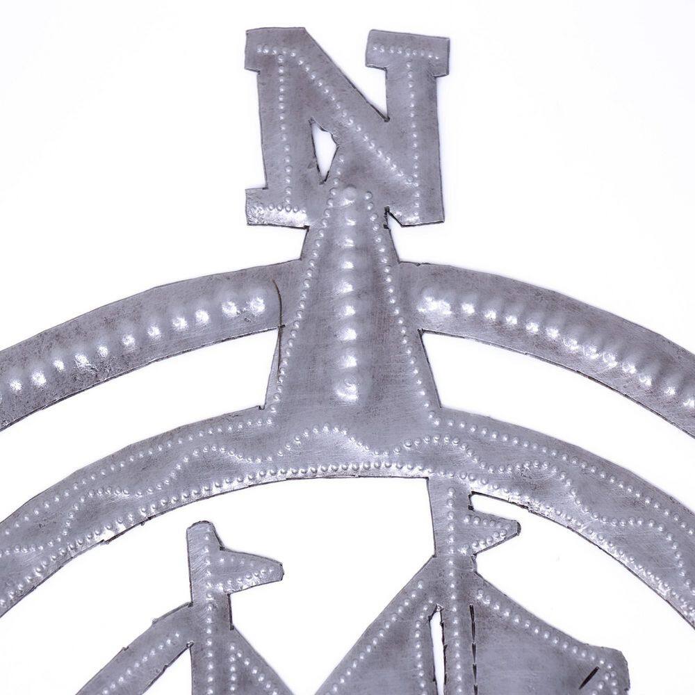 None Nautical Compass with Sailboats Haitian Metal Wall Art 12 in.