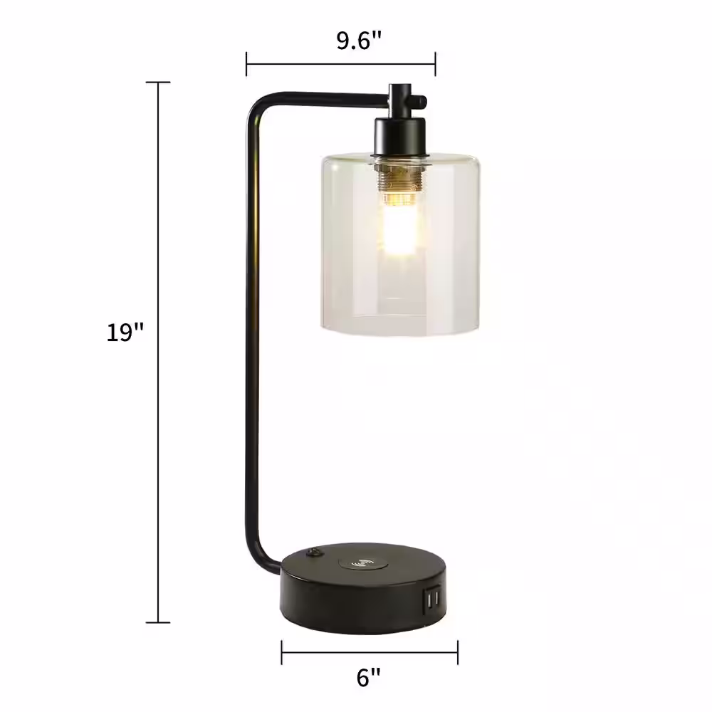Cedar Hill 19 in. Clear Table Lamp with Wireless Charger and Glass Shade