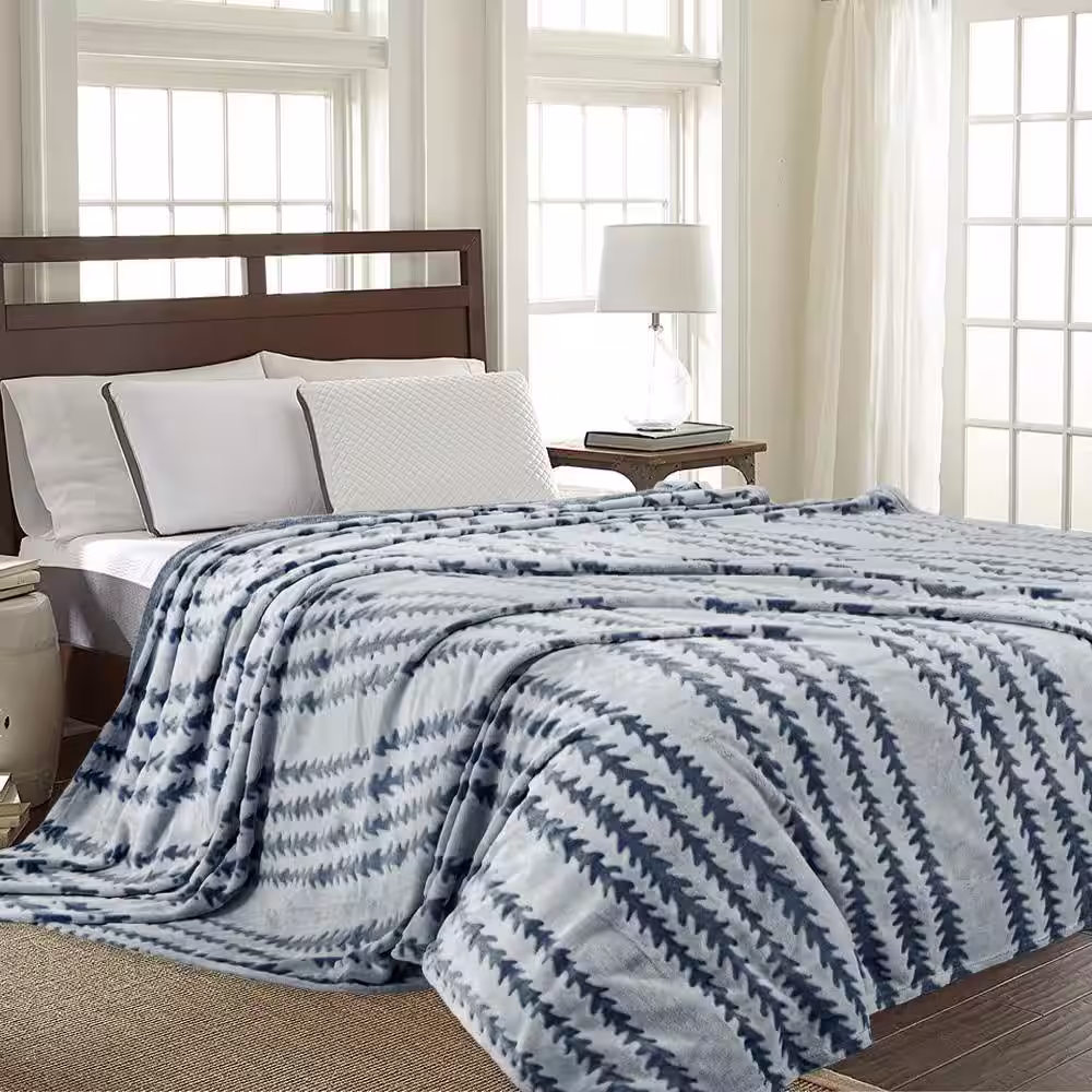 None Blue Stripe Polyester Queen Quilted Blanket 60 in. x 80 in.