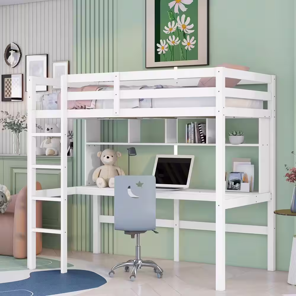 None White Twin Size Loft Bed with Desk, Wooden Loft Bed Frame with Shelves, Built in Ladder, Loft Bed for Kids Teens