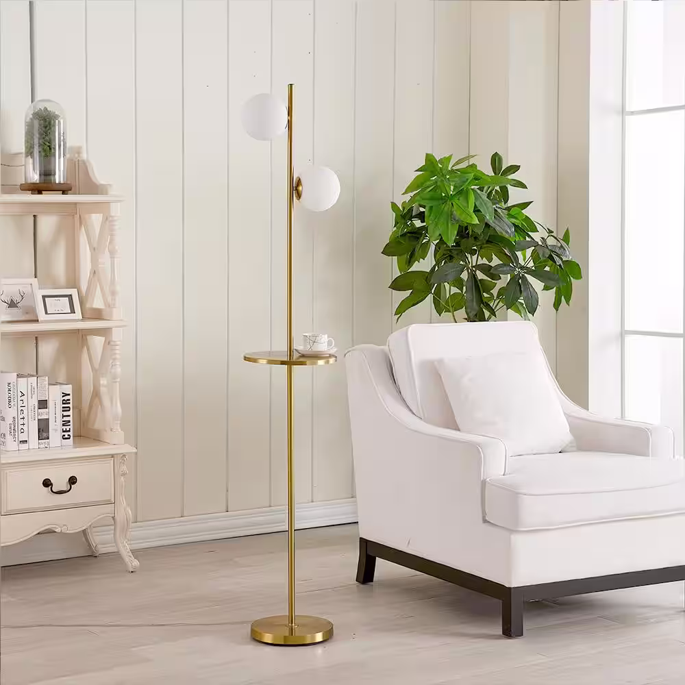 Maxax New York 65 in. Yellow Bronze Tray Table Floor Lamp with White Jade Glass Shade