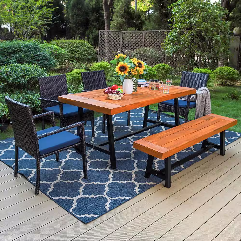None Black 6-Piece Metal Patio Acacia Wood Outdoor Dining Set with Rectangular Table, 4 Rattan Chairs and Long Bench