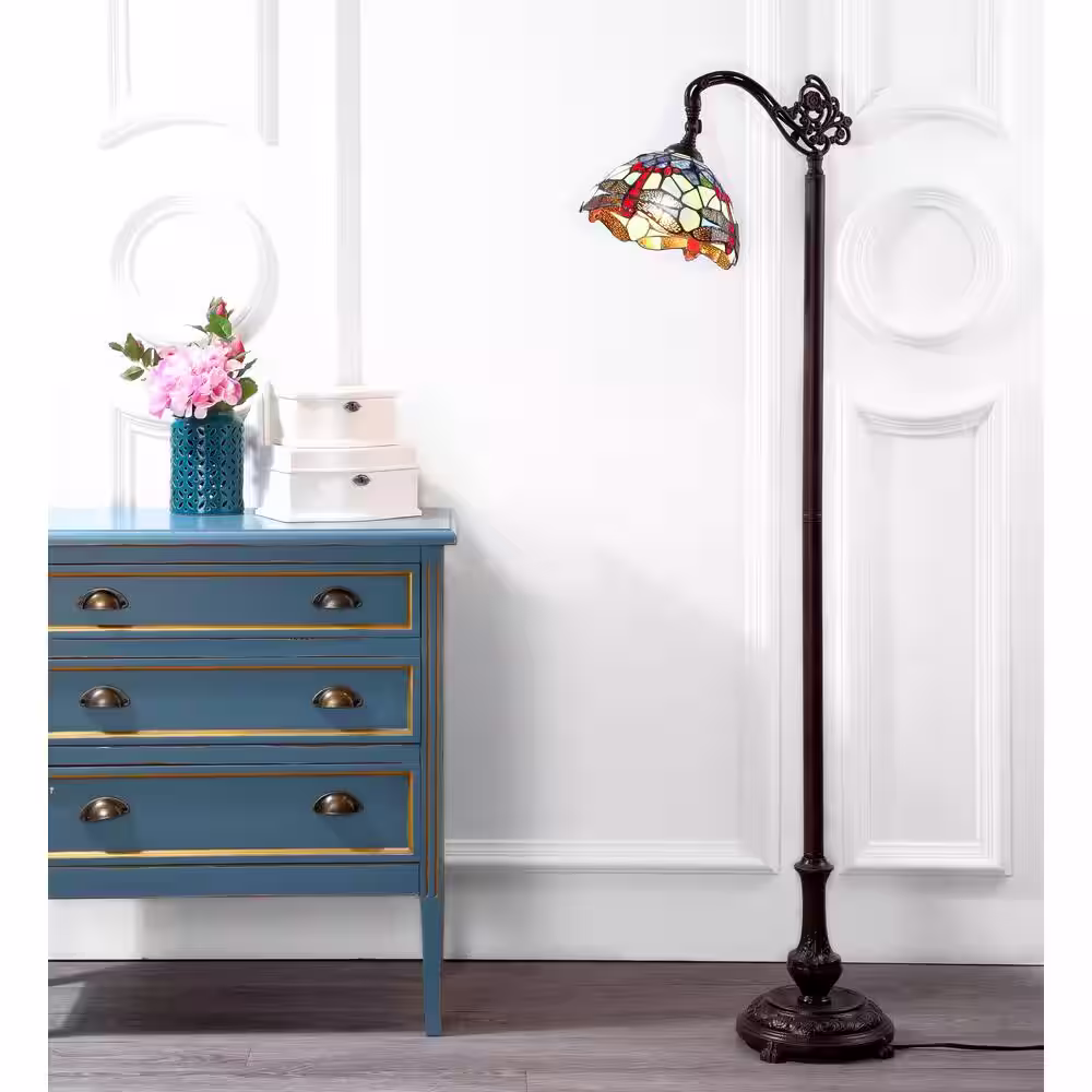 JONATHAN Y Dragonfly Tiffany-Style 60 in. Arched Bronze Floor Lamp