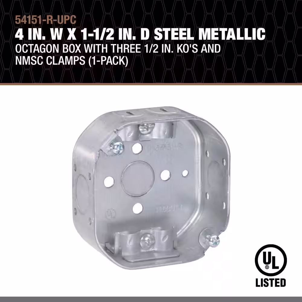 Southwire 4 in. W x 1-1/2 in. D Steel Metallic Octagon Box with Three 1/2 in. KO's and NMSC Clamps, 1-Pack