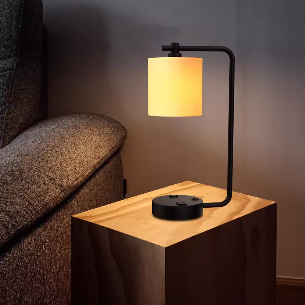 Cedar Hill 19 in. 2 USB Table Lamp with 2 outlets , White Fabric Shade