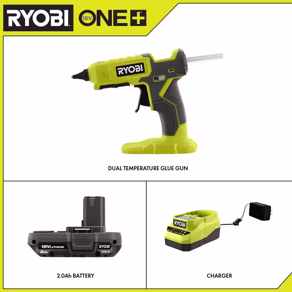 RYOBI ONE+ 18V Cordless Dual Temperature Glue Gun with 2.0 Ah Battery and Charger