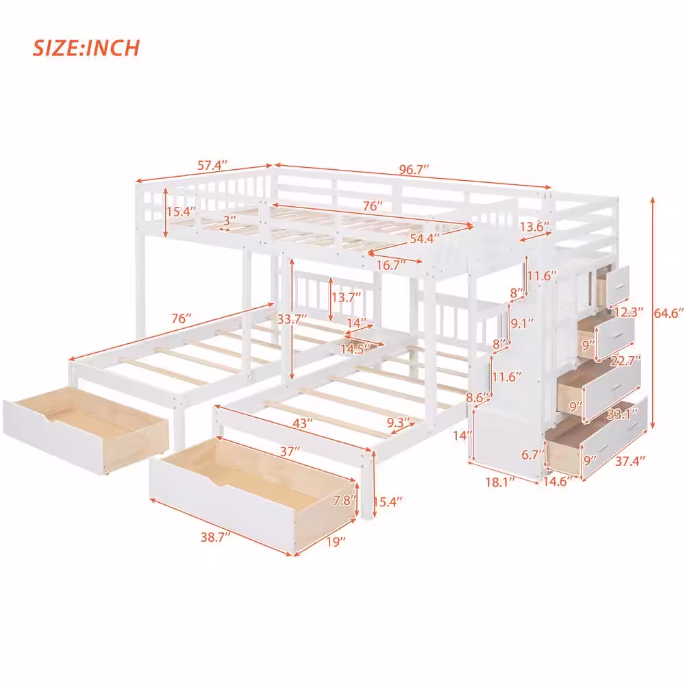 Harper & Bright Designs White Full over Twin & Twin Bunk Bed with Six Drawers and Guardrails