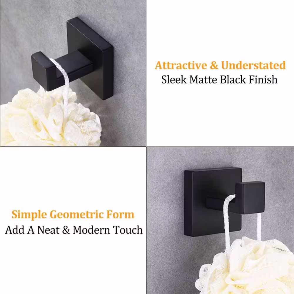 ruiling Square Bathroom Robe Hook and Towel Hook in Stainless Steel Matte Black (2-Pack)