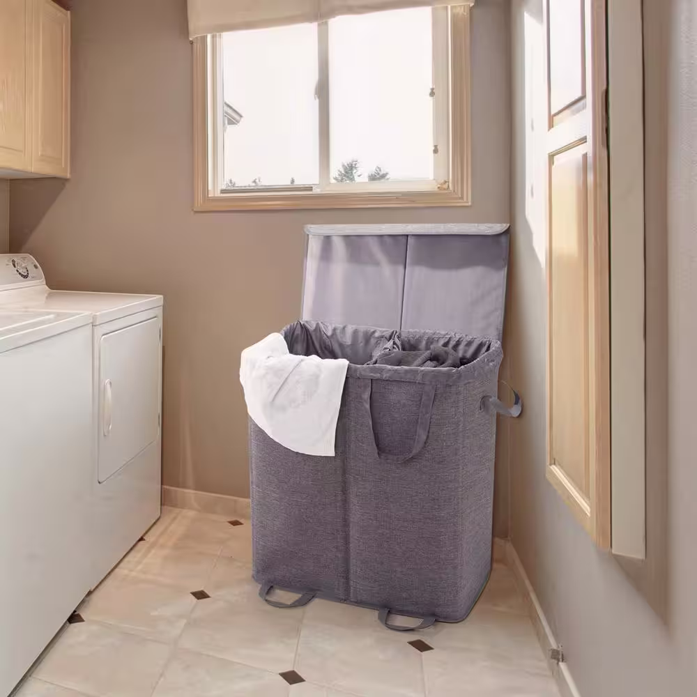 None 23 in. W x 13.2 in. D x 25.2 in. H Polyester Laundry Hamper with 2 Removable Liner Bags Gray