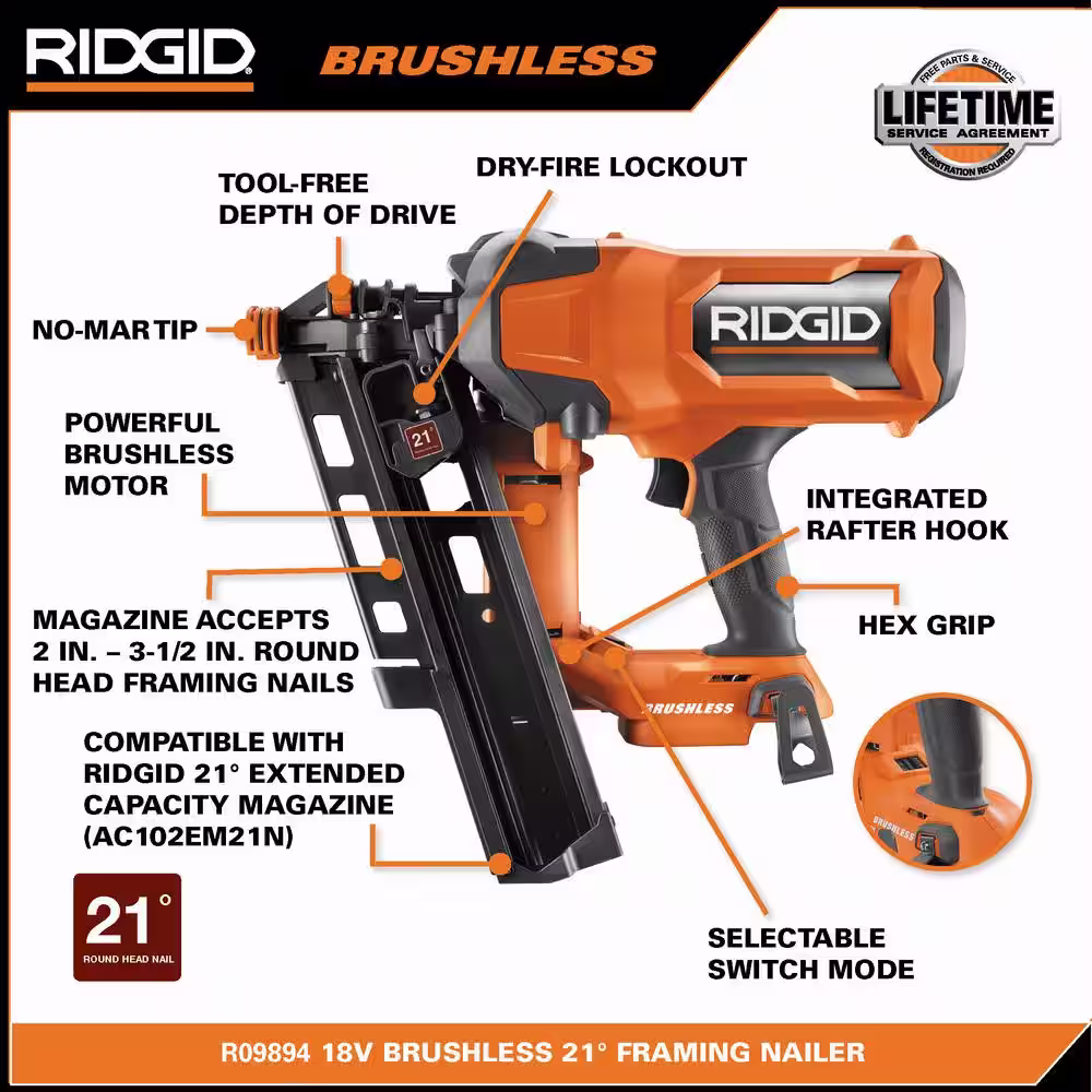 RIDGID 18V Brushless Cordless 21Â° 3-1/2 in. Framing Nailer with 18V 6.0 Ah MAX Output Lithium-Ion Battery