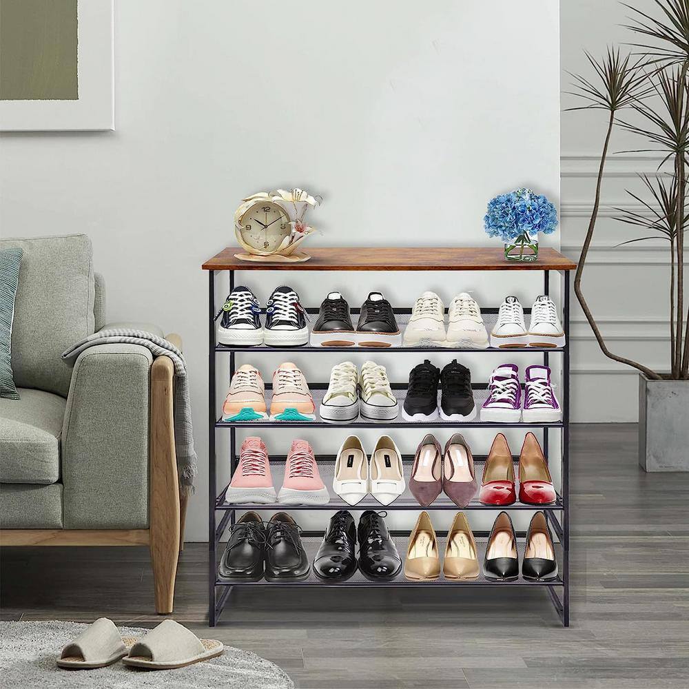 None 36 in. H 16-Pair Black Metal 5-Tiers Shoe Rack