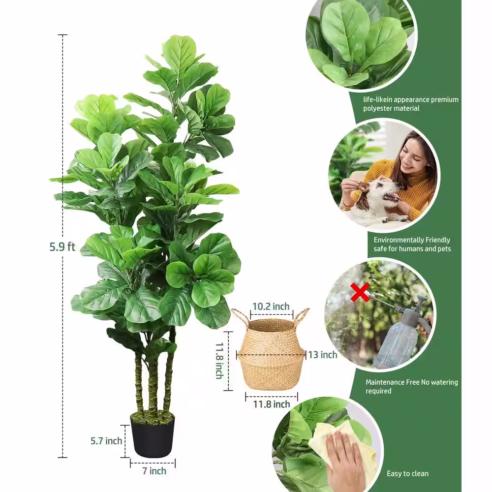 HOMLUX 72 in. Tropical Faux Artificial Fiddle Fig Tree Plants with 131 leaves , Woven Seagrass Basket, Black Pot