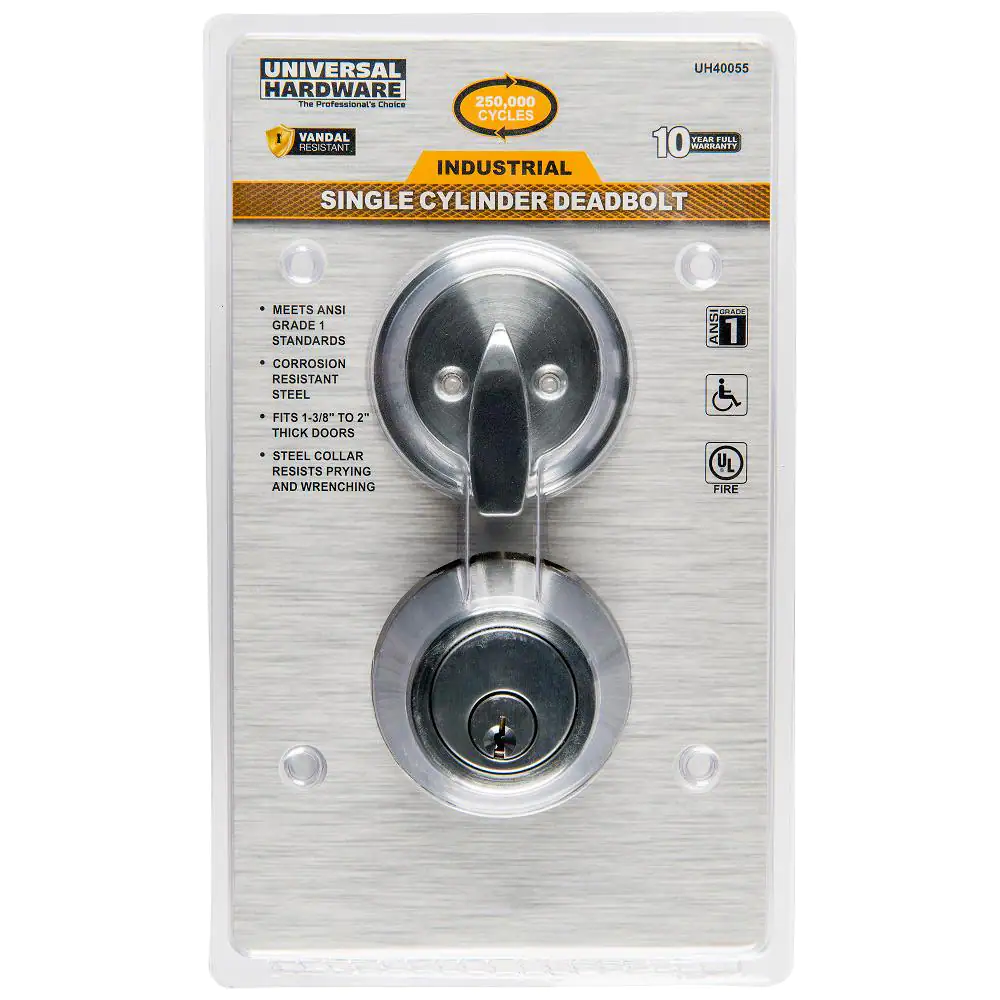 Universal Hardware Universal Hardware Industrial Duty Commercial Single Cylinder Deadbolt, UL 3-Hr Fire ANSI Grade 1, Satin Chrome Finish