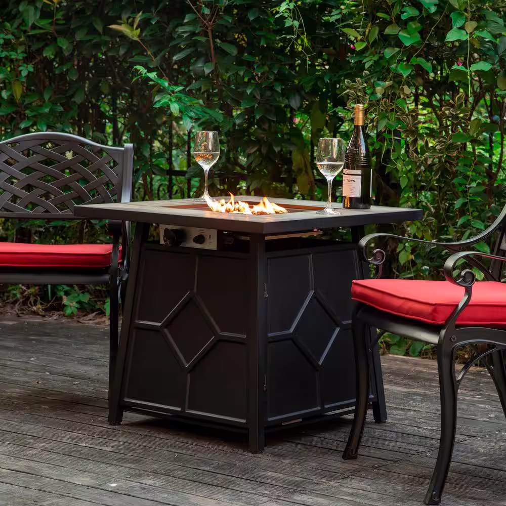 Nuu Garden 28 in. Outdoor Metal Propane Gas Fire Pit Table with PVC Waterproof Cover, 40,000 BTU, Black