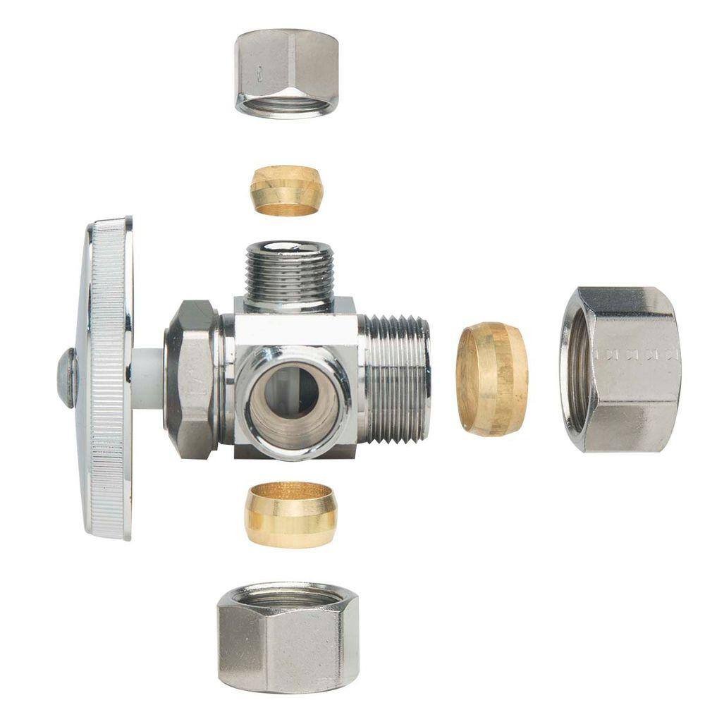 BrassCraft 1/2 in. Nom Comp Inlet x 1/2 in. O.D. Comp x 3/8 in. O.D. Comp Dual Outlet Multi-Turn Valve