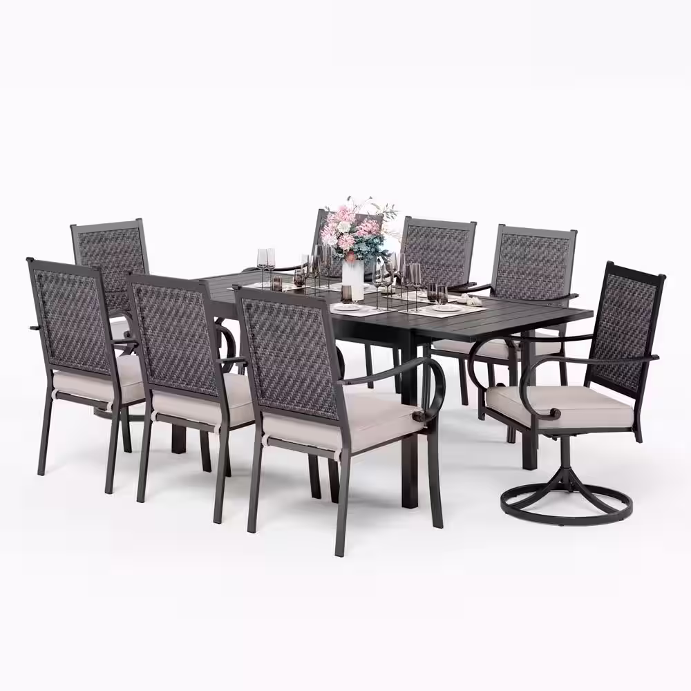 None Black 9-Piece Metal Patio Outdoor Dining Set with Extendable Table and Rattan Arm Chairs with Beige Cushion