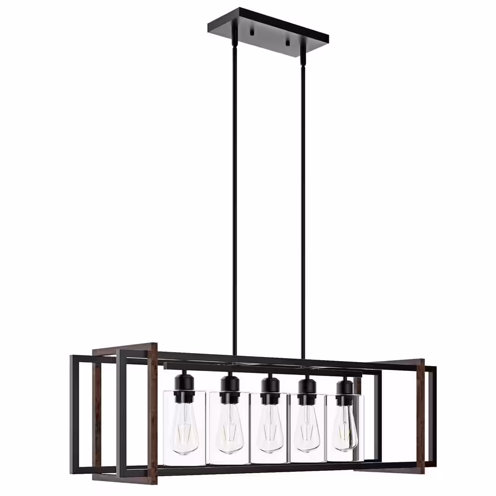 aiwen 5-Light Black Kitchen Island Statement Square Chandelier Modern with Glass Shade Hanging Light Fixture