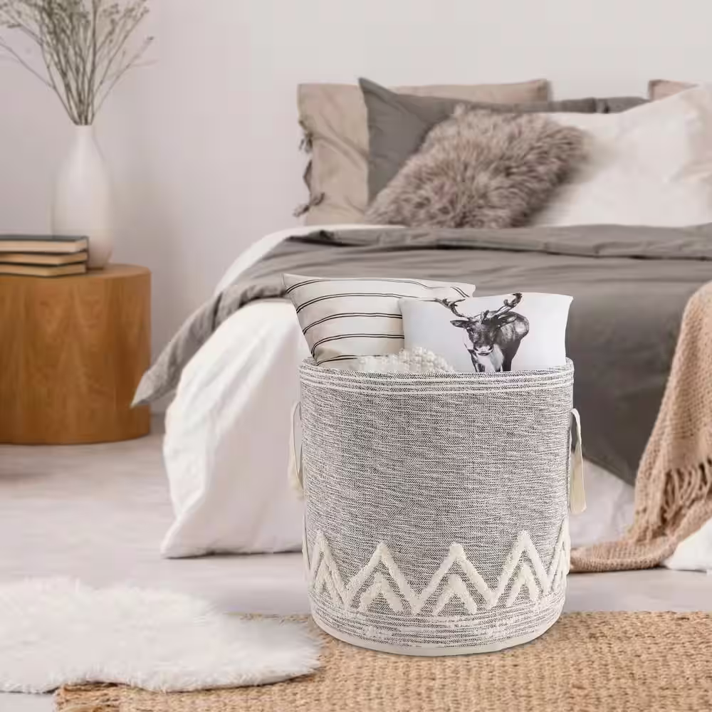 LR Home Amara Modern Gray / White Cotton Tufted Peaks Decorative Storage Basket