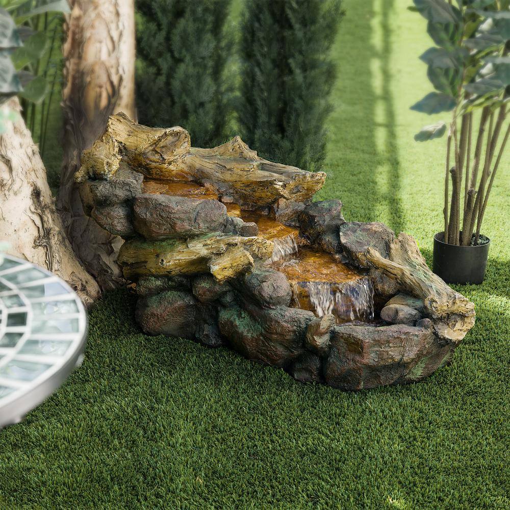 Alpine Corporation 19 in. Tall Indoor/Outdoor River Rock and Log Fountain with LED Lights