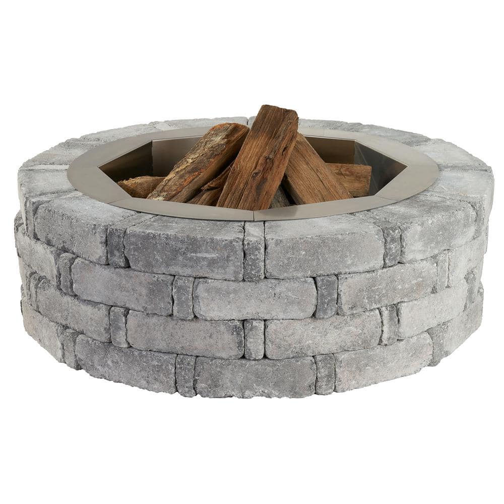 Pavestone RumbleStone 46 in. x 14 in. Round Concrete Fire Pit Kit No. 2 in Greystone with Round Steel Insert