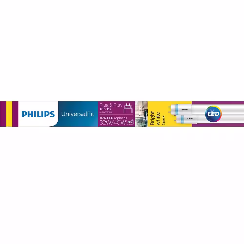 Philips 32W T8/40W T12 Equivalent 4 ft. Type A Linear Universal Fit Bright White LED Tube Light Bulb (3000K) (2-Pack)