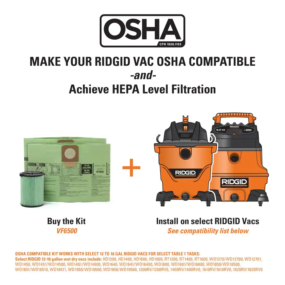 RIDGID Wet/Dry Vac OSHA Compatible Kit with HEPA Level Filtration, Cyclonic Dust Bags for Select 12 -16 Gal RIDGID Shop Vacuums