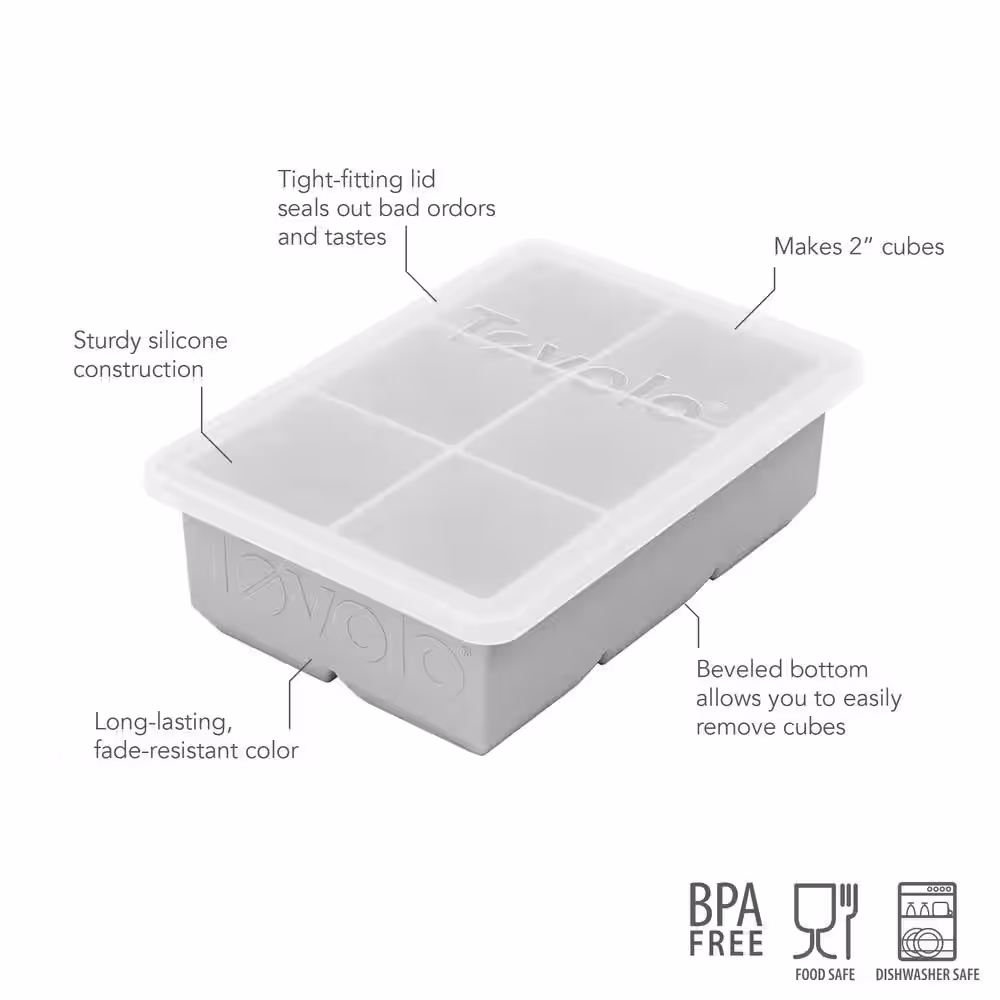 Tovolo 2 in. Cubes for Whiskey Bourbon, Spirits and Liquor Drinks, Oyster Gray Large King Craft Ice Mold Freezer Tray with Lid