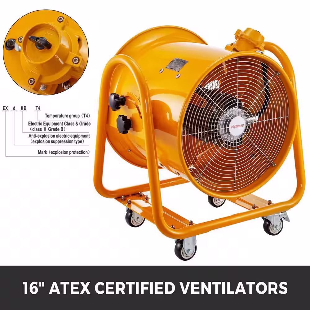 VEVOR 16 in. Utility Blower Fan Explosion Proof Fan 1100-Watt 60Hz 3450 RPM with Wheels for Extraction Ventilation in Orange