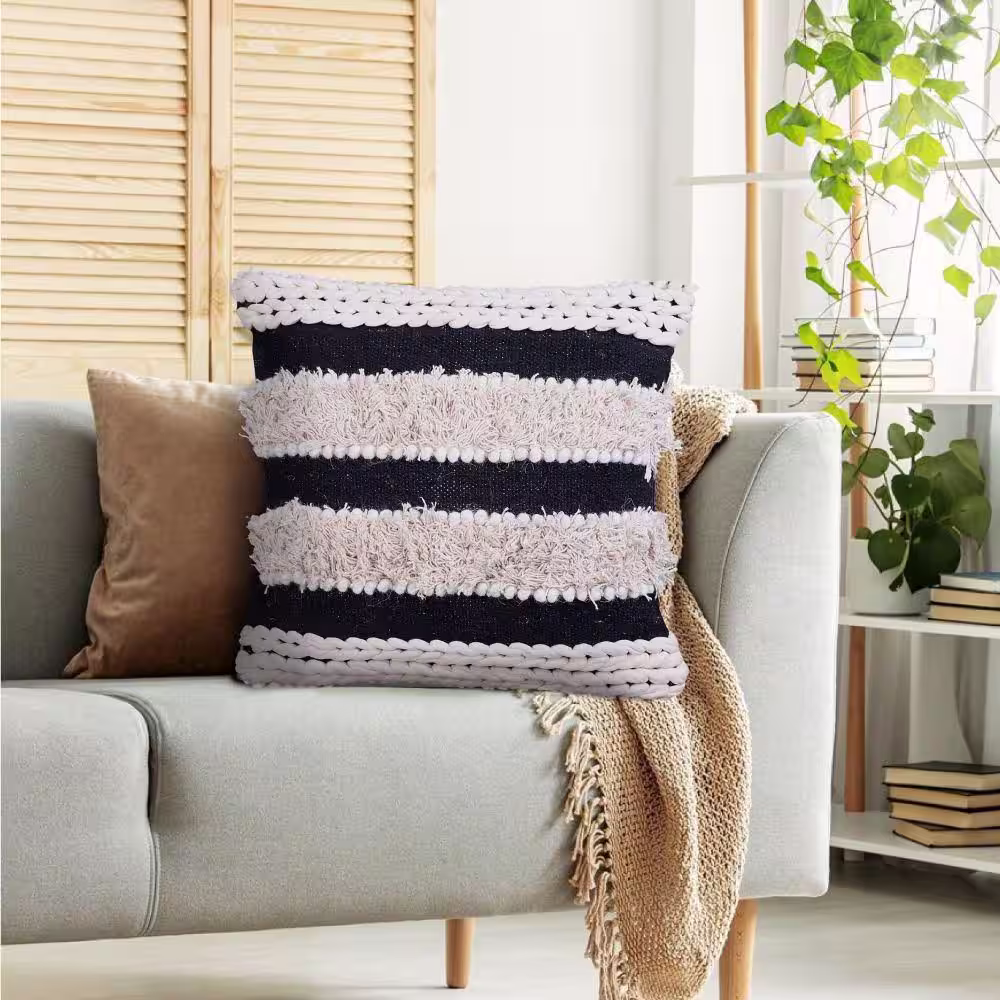 THE URBAN PORT Adiv White and Black Handknit Yarn Handcrafted Soft Shaggy Cotton Accent 18 in. x 18 in. Throw Pillow (Set of 2)