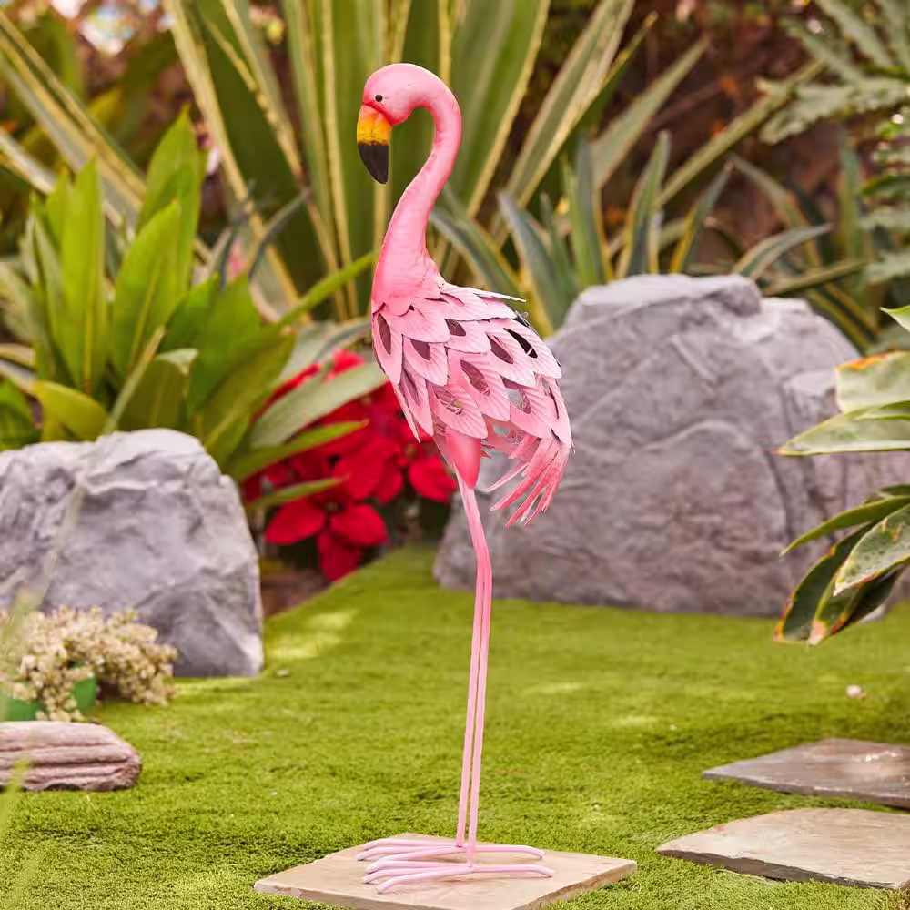 LuxenHome 34 in. H Pink Flamingo Outdoor Metal Garden Statue