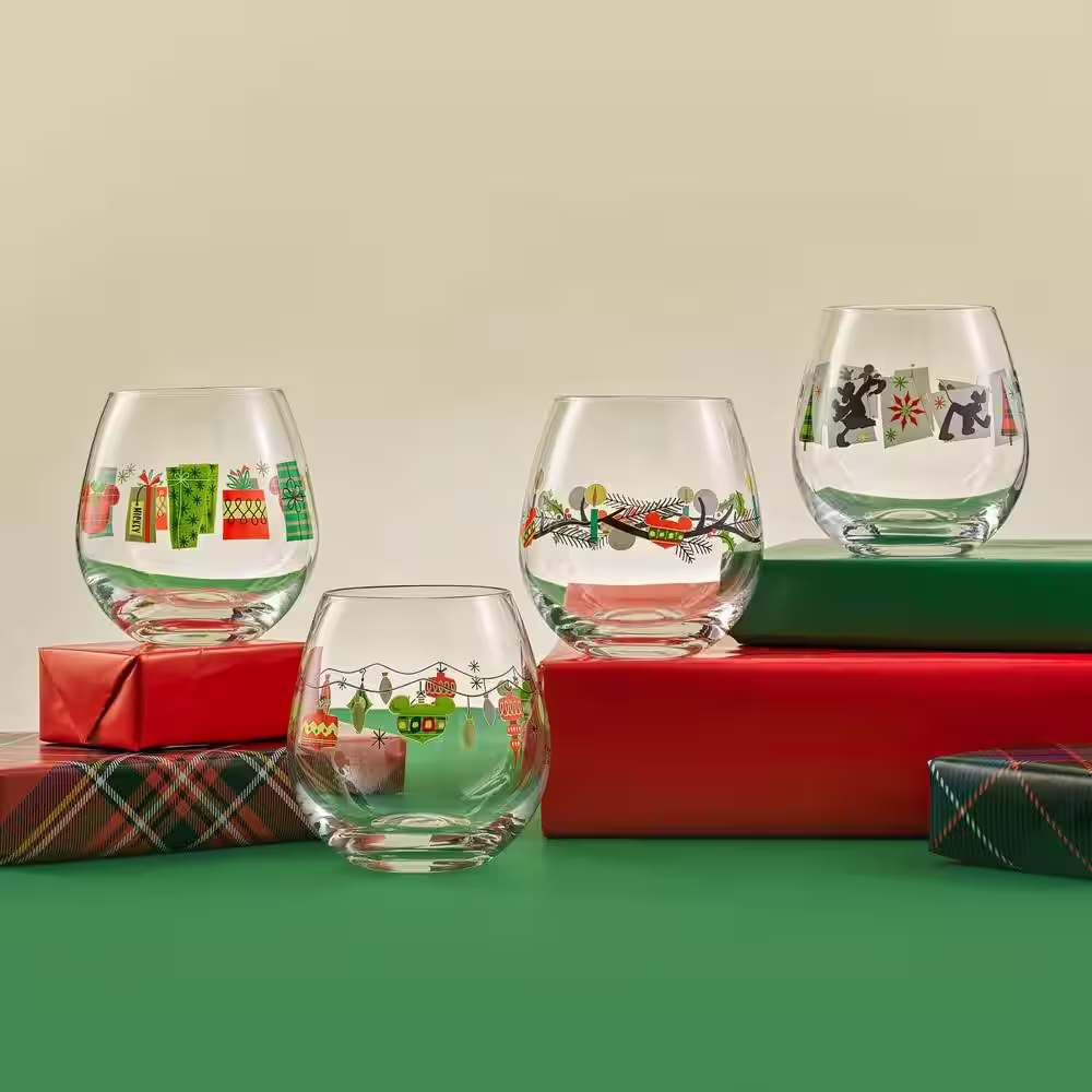 JoyJolt Disney Mickey Mouse Joy O Joy 15 oz. Stemless Wine Glass (Set of 4)