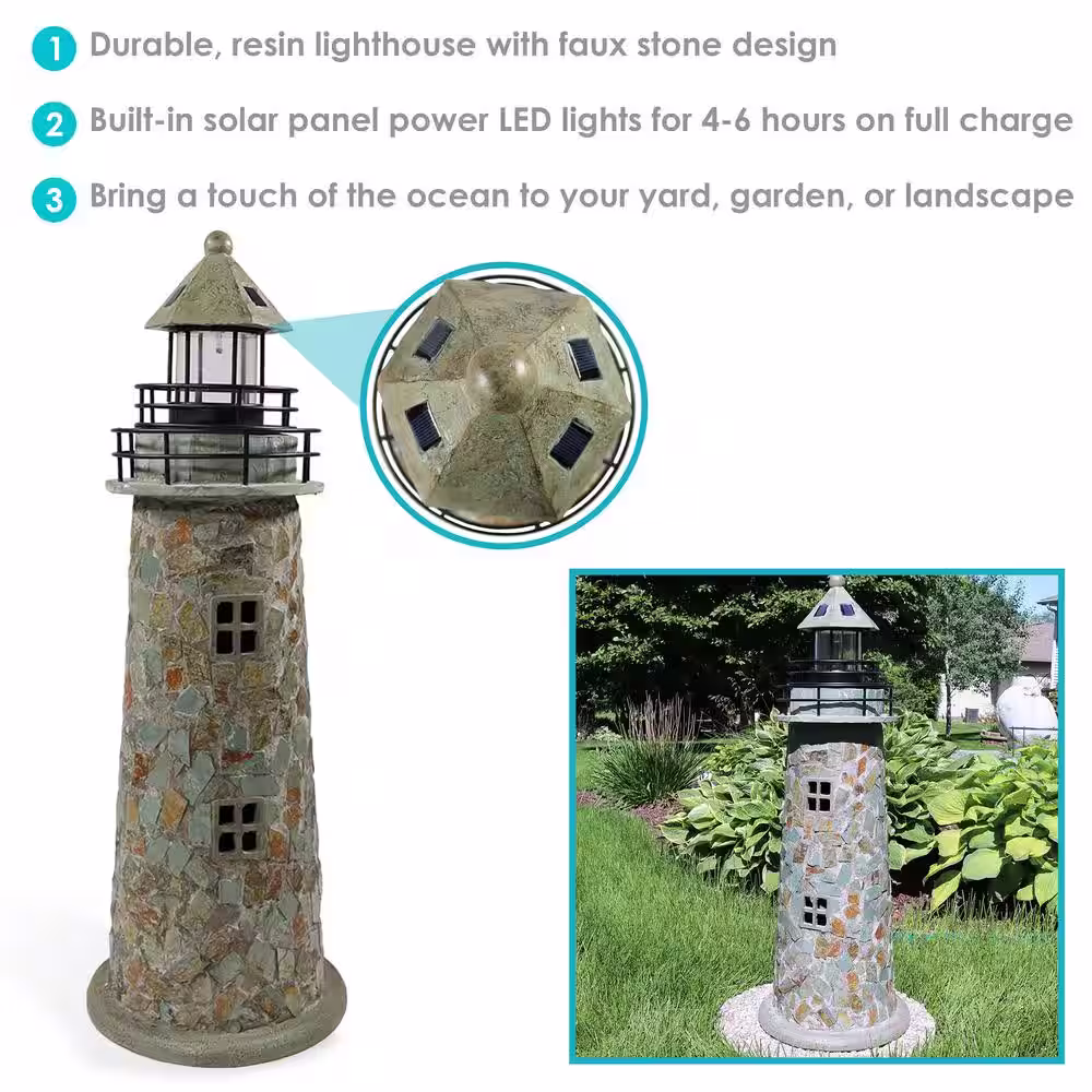 Sunnydaze Decor 35 in. Cobblestone Solar LED Garden Statue Lighthouse
