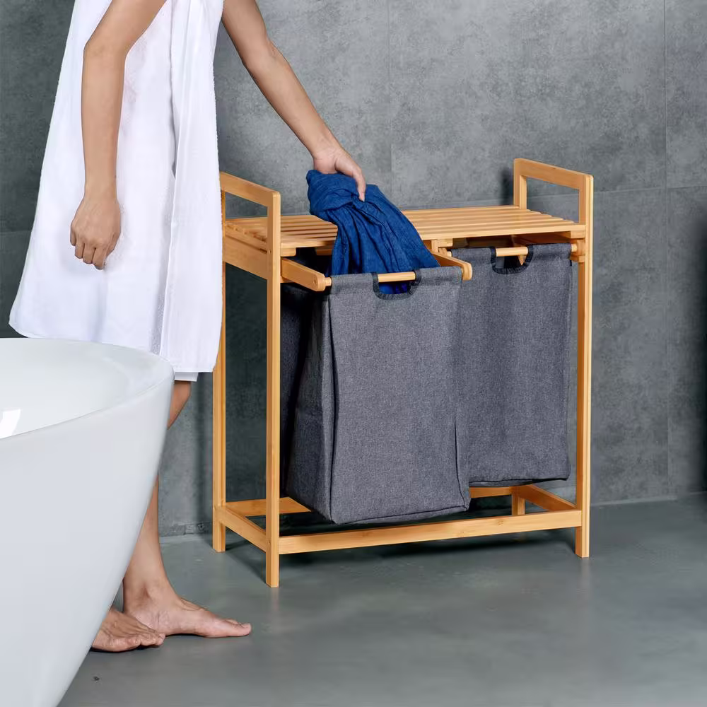 TOILETTREE Bamboo Laundry Hamper with Dual Compartments Two-Section Laundry Basket with Removable Sliding Bags & Shelf