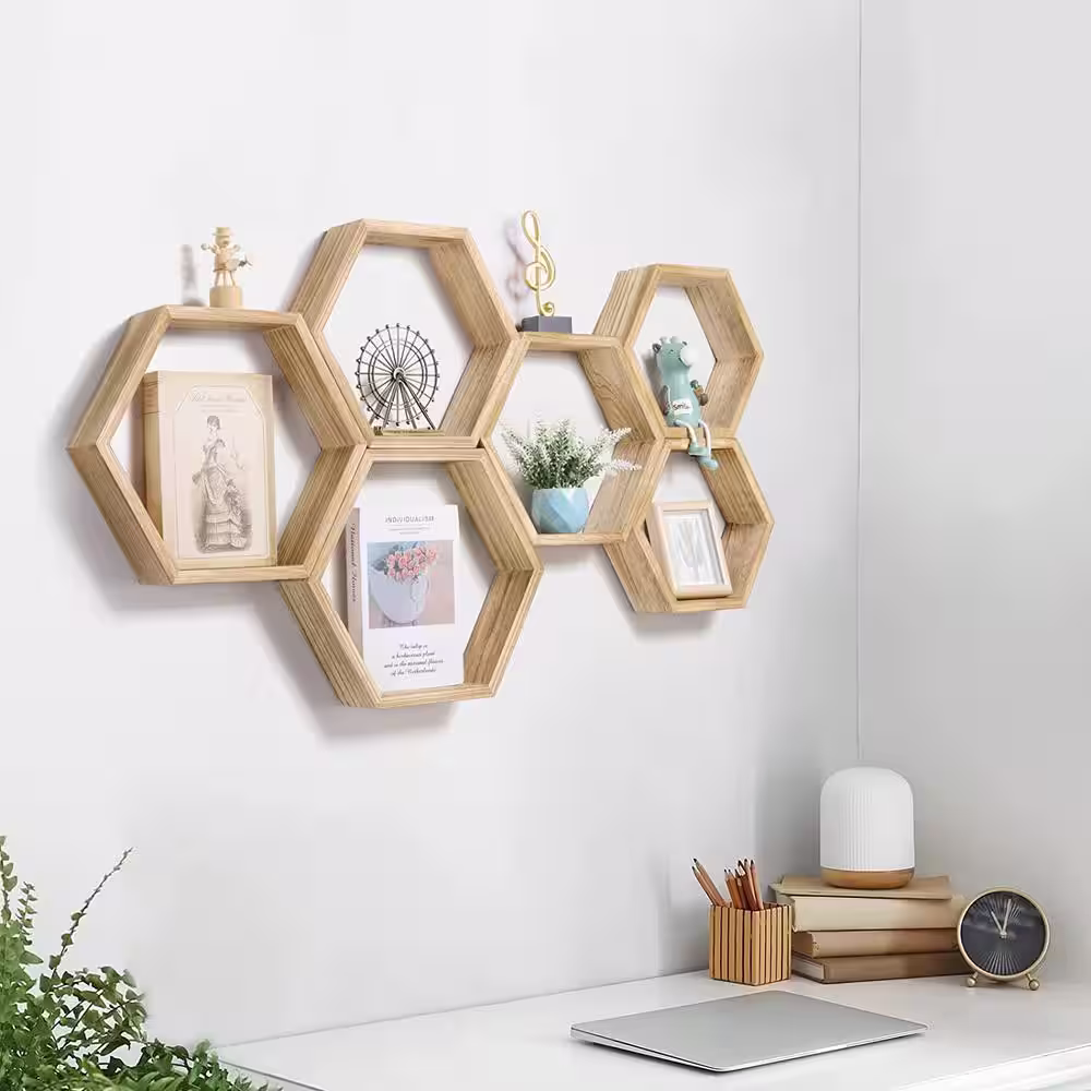 None Hexagon Floating Shelves Honeycomb Shelves for Wall, Light Brown Set of 6