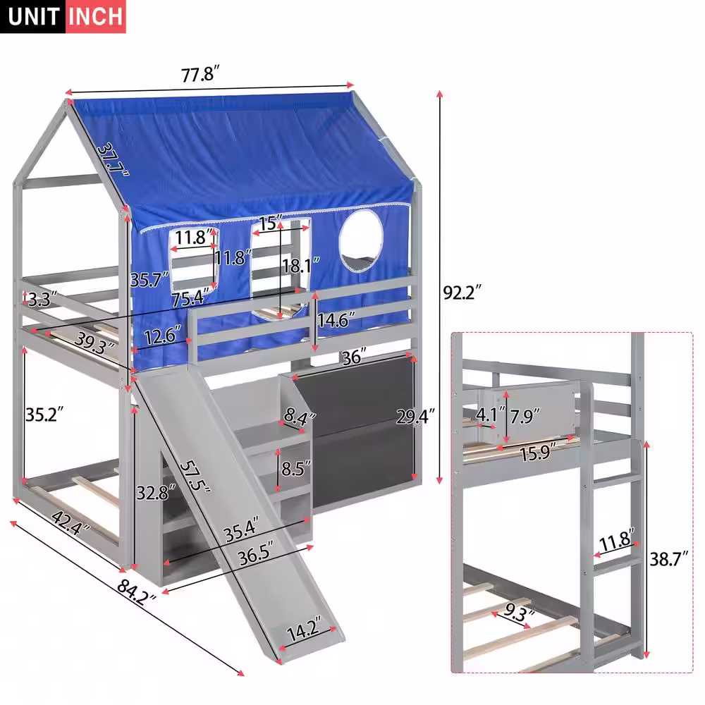Harper & Bright Designs Gray Twin over Twin Wood House Bunk Bed with Blue Tent, Slide, Shelves, Blackboard, and Ladder