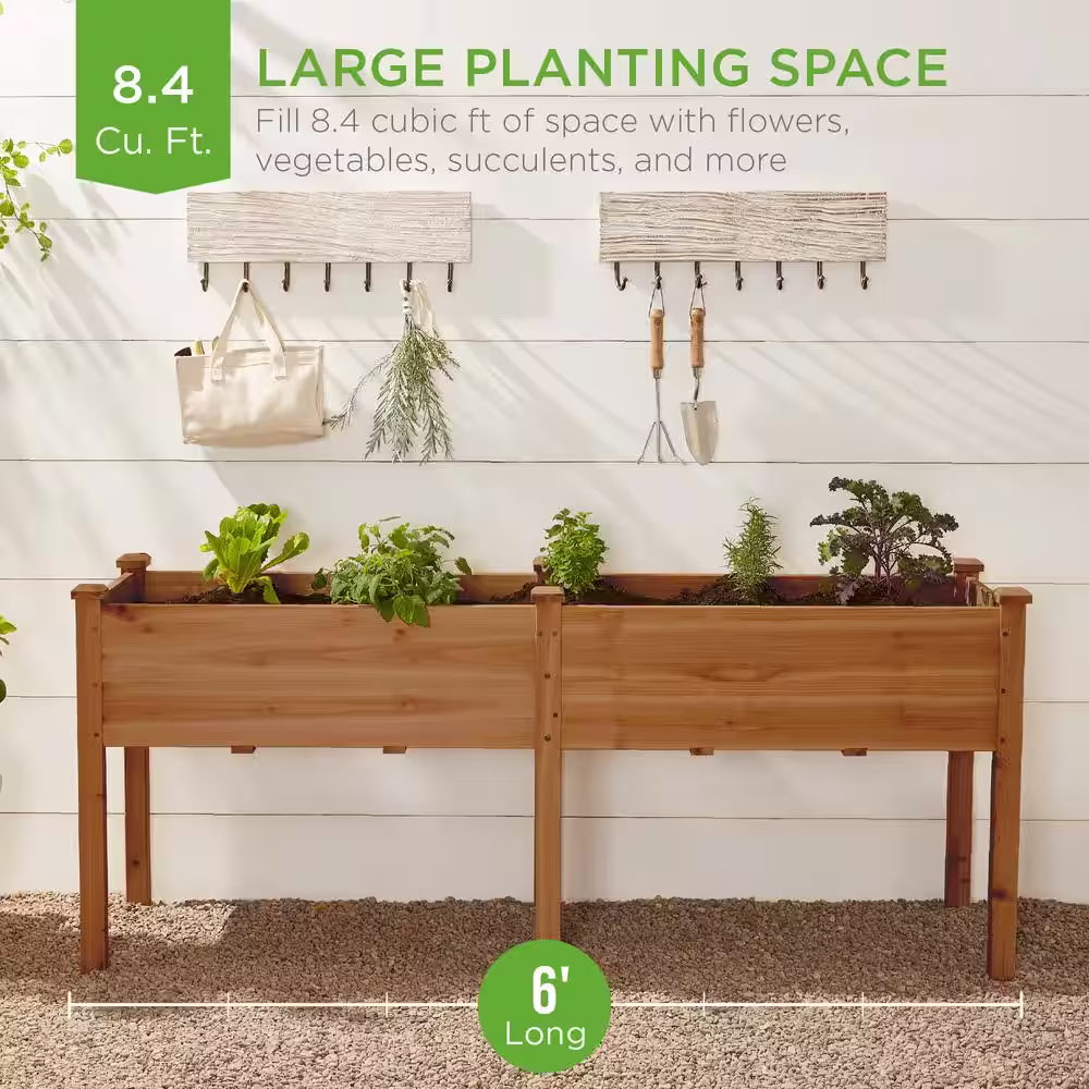 Best Choice Products 6 ft. x 2 ft. x 2.5 ft. Raised Garden Bed, Elevated Wooden Planter Box Stand for Backyard, Patio w/Divider Panel - Brown