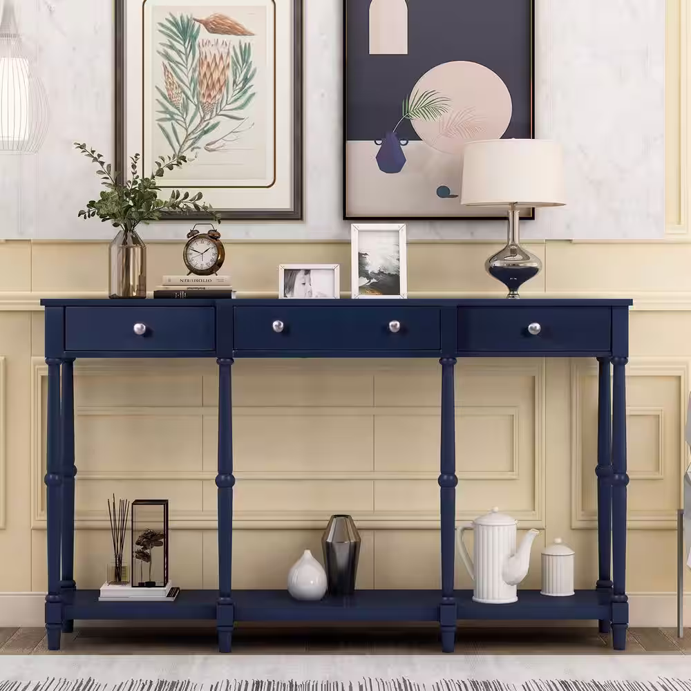 None 58 in.Navy Rectangle Solid Wood Narrow Console Table, Entryway Table With Three Drawers and Storage Shelf for Hallway
