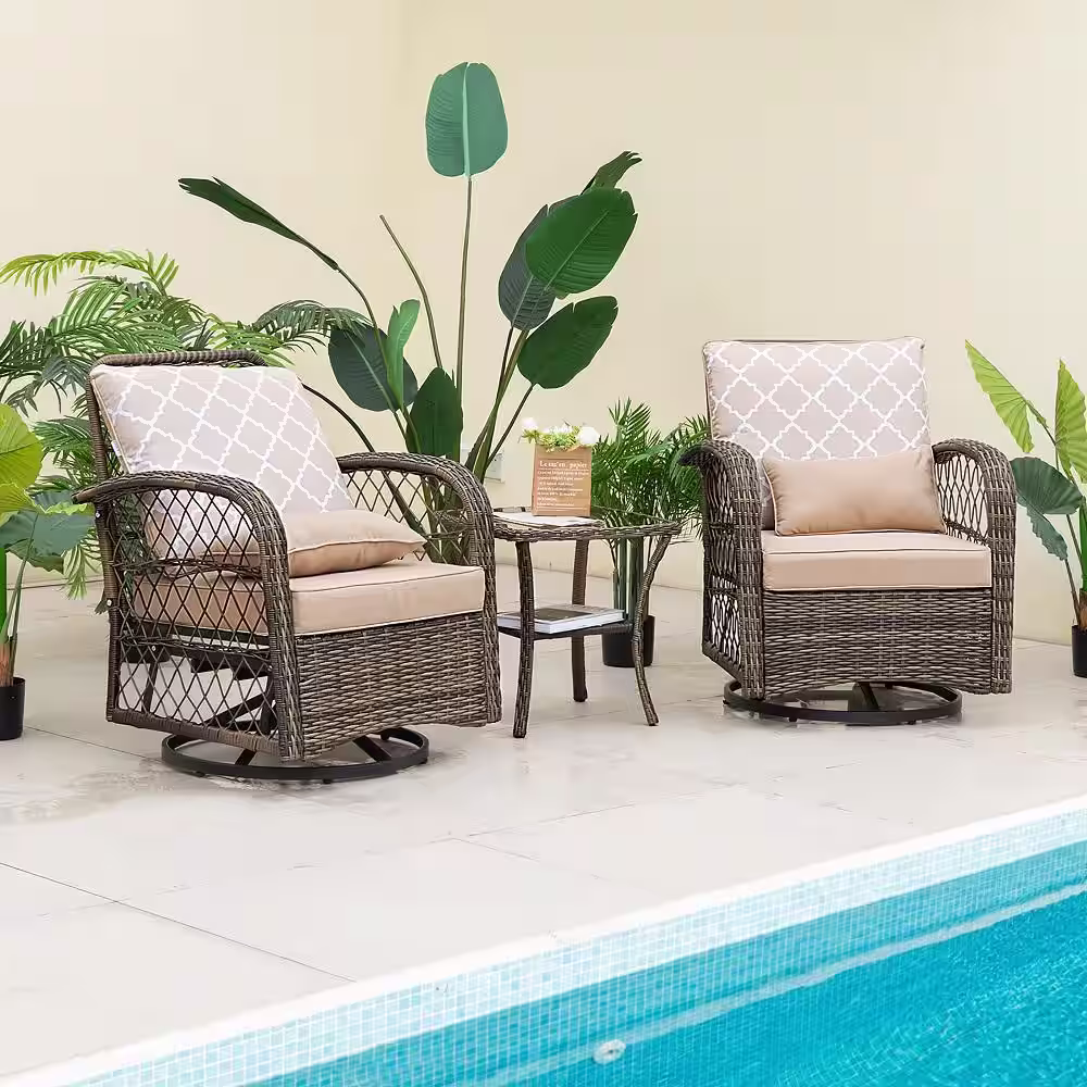 Costway 3-Piece Wicker Patio Conversation Set Swivel Rocker Set-2 Rocking Chairs 360Â° with Coffee Table