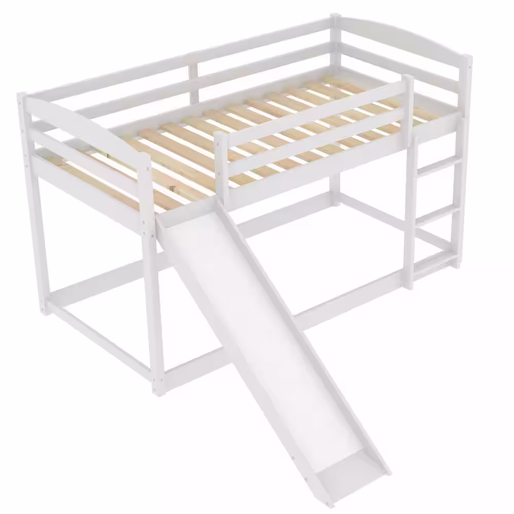 Harper & Bright Designs White Twin Bunk Bed Over Low with Slide and Ladder