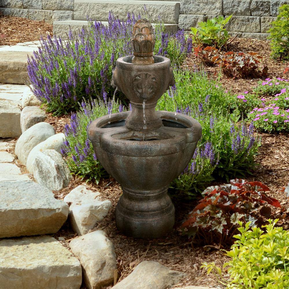 Earth Worth 32 in. 2-Tier Legal Lion's Head Outdoor Water Fountain