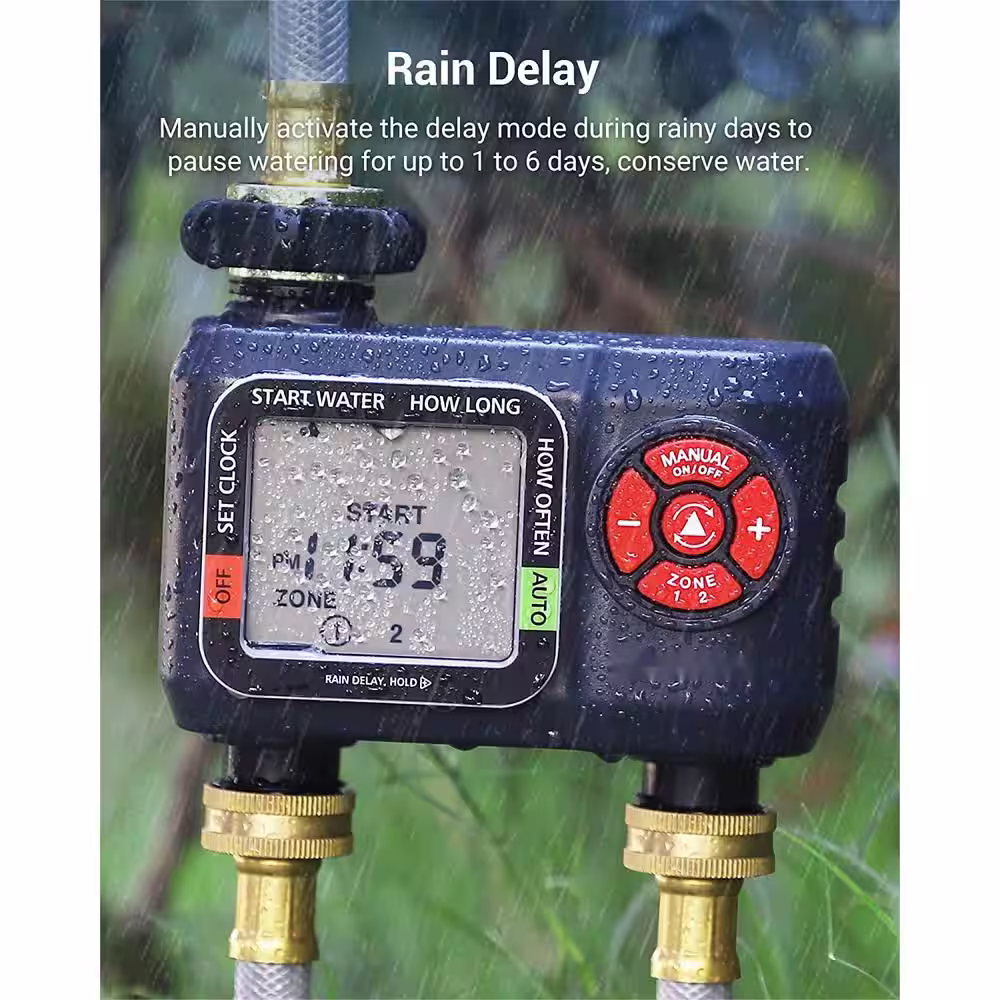 None Sprinkler Timer 2 Zone, Water Hose Timer with Rain Delay/Manual Watering/Automatic Irrigation Timer,