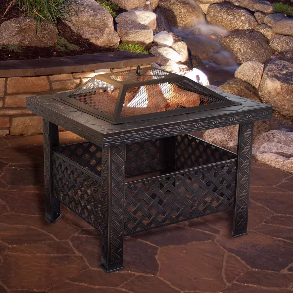 Pure Garden 26 in. Steel Square Woven Fire Pit with Cover