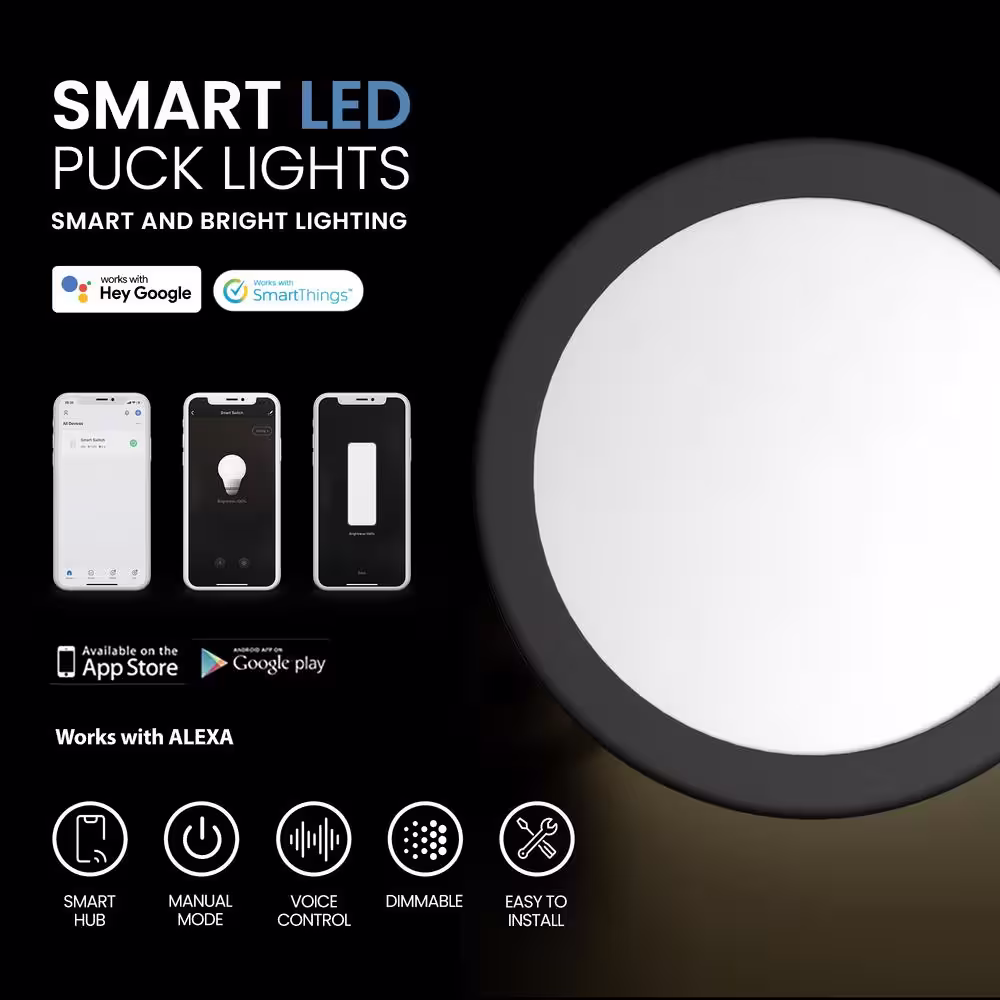 ESHINE 6 Pack Black Smart Dimmable LED Puck Lights Compatible with Alexa, Google - Warm White (3000K)