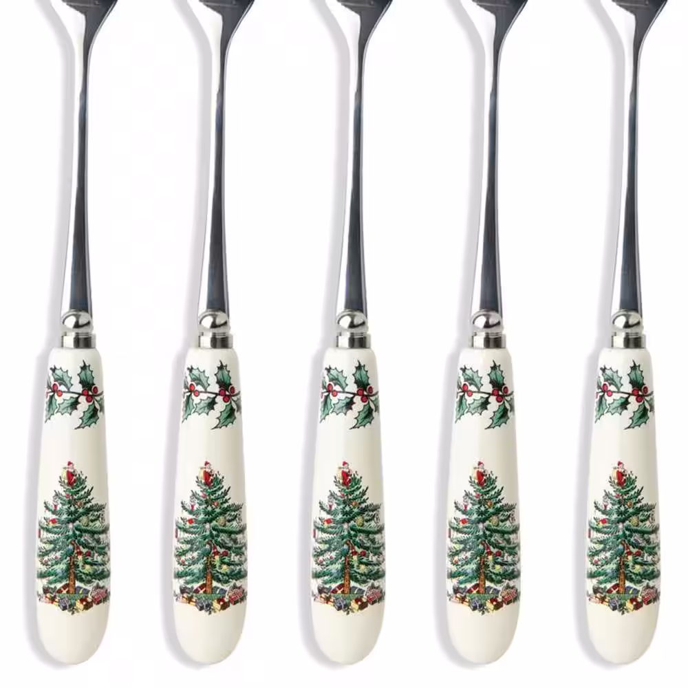 Spode Christmas Tree 6 in. 6-Piece Stainless Steel and White Ceramic Pastry Fork Flatware Sets